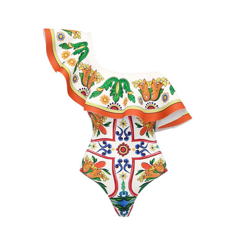 Pankh Basel Ruffle One Of Shoulder Enamel Printed Beach Holiday Swimsuit With Coverup Set