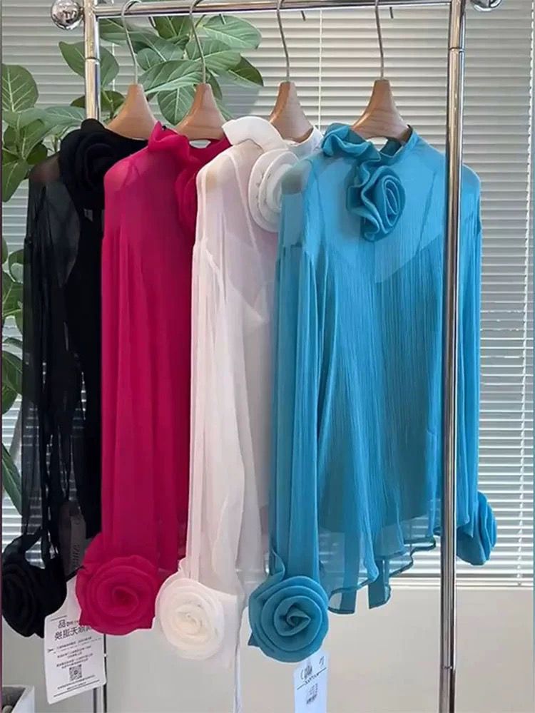 Pankh 3D Rose Flower Sheer Solid Color Shirt With Inner