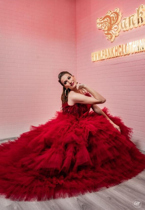 Pankh Maev Fur Off Shoulder Fairytale Frill Long Ball Gown