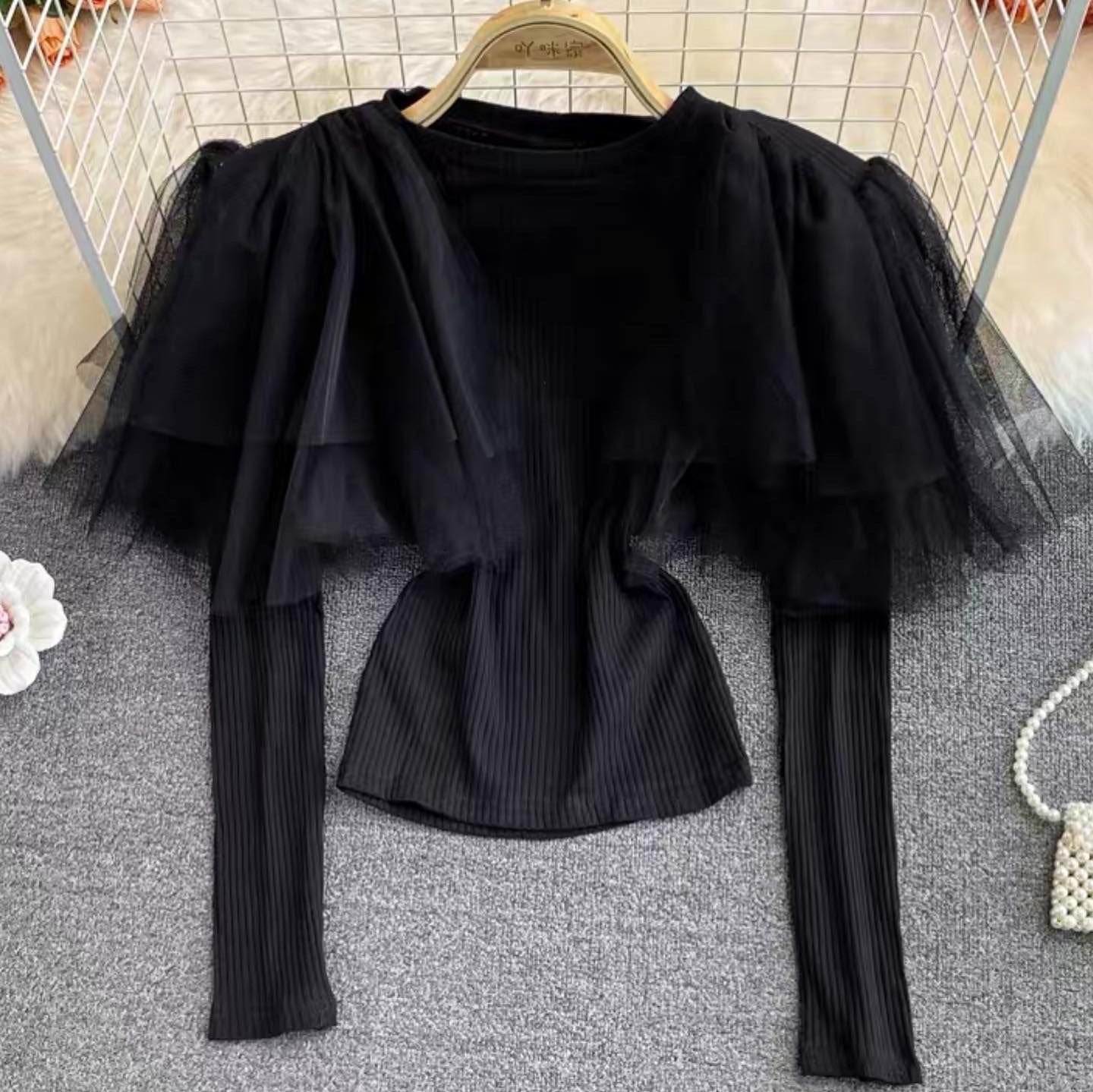 Pankh Fretli Mesh Knit Princess Shoulder Blouse