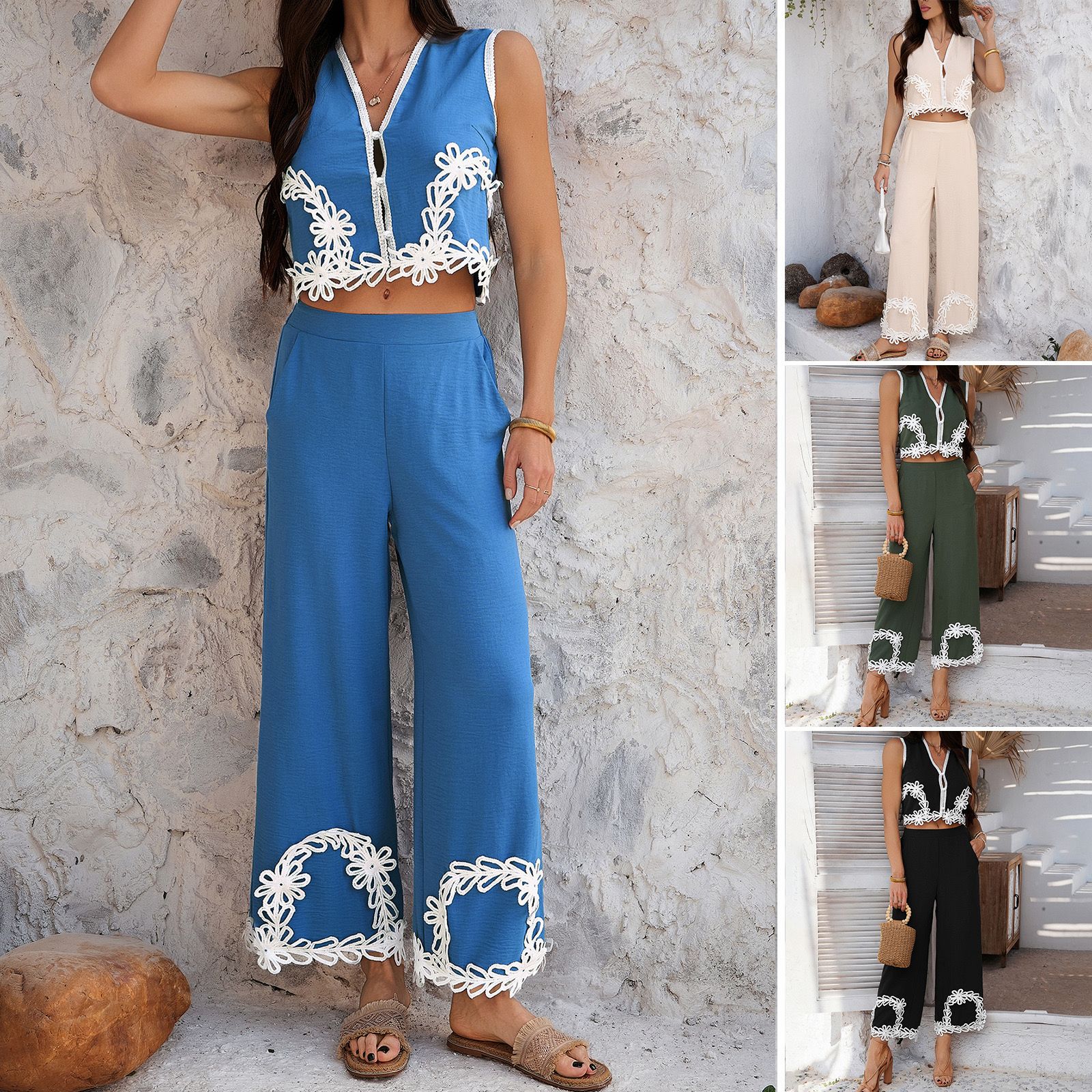 Pankh Savvy Cotton Lace Embroidery Vest Top With Pant Set