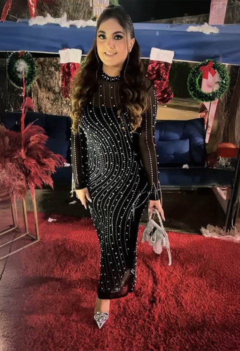 Pankh Grace Rhinestone Embelished Maxi Party Wear Sheer Dress with Bodysuit