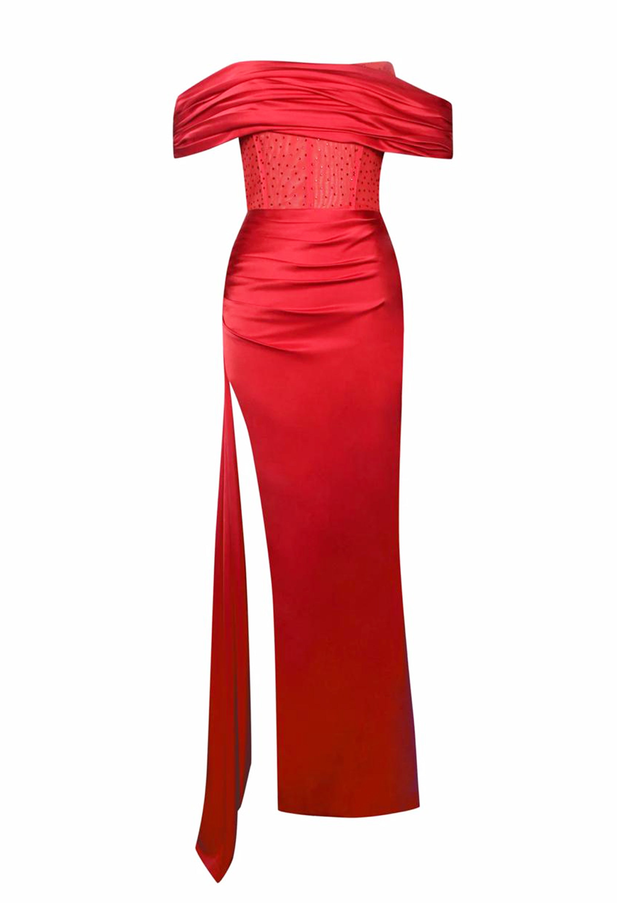 Pankh Lennon Off Shoulder Crystallized Satin Party Cocktail Maxi Dress