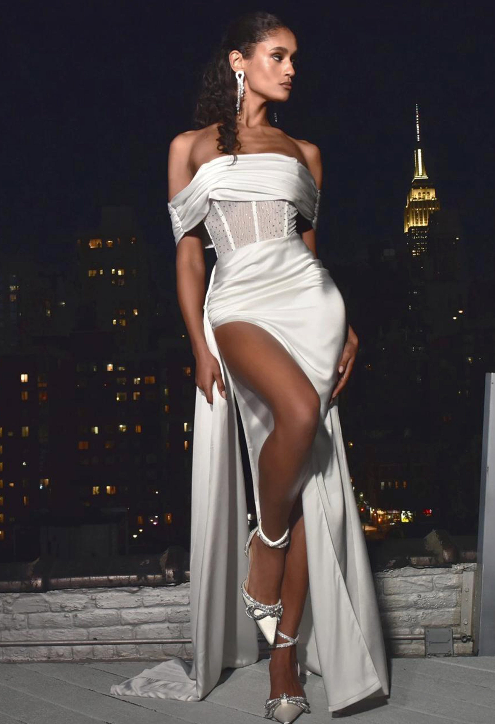 Pankh Lennon Off Shoulder Crystallized Satin Party Cocktail Maxi Dress