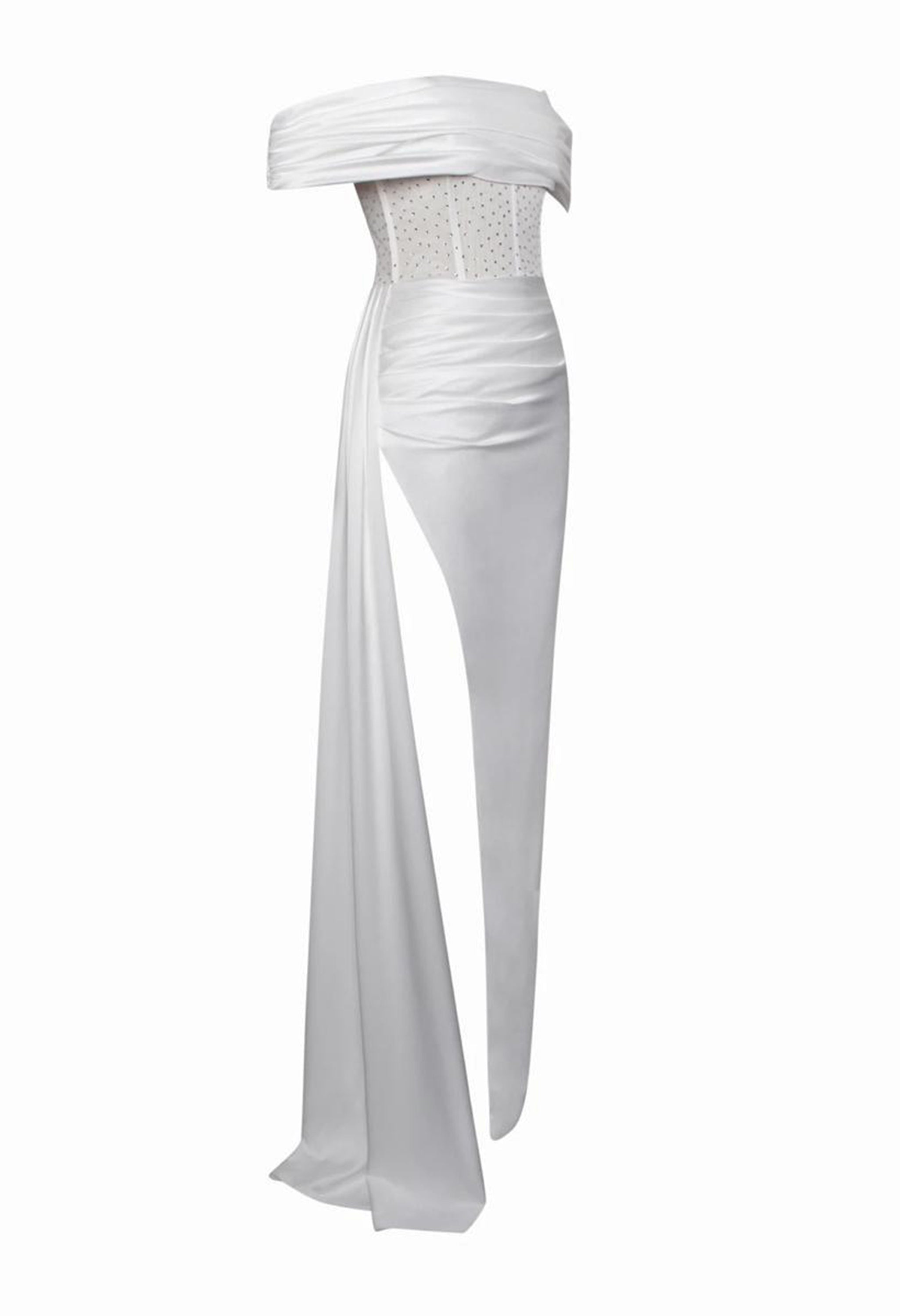 Pankh Lennon Off Shoulder Crystallized Satin Party Cocktail Maxi Dress