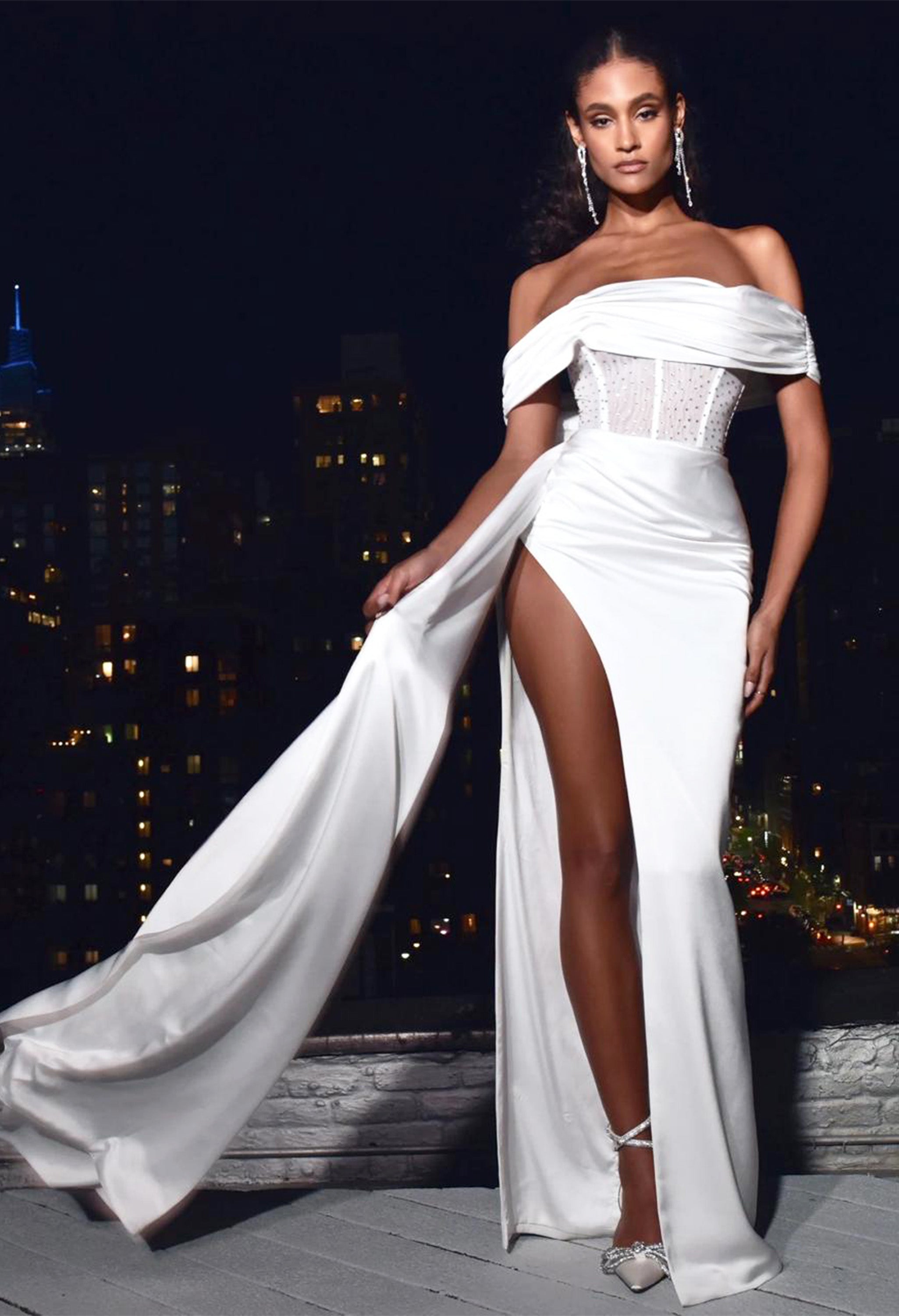 Pankh Lennon Off Shoulder Crystallized Satin Party Cocktail Maxi Dress