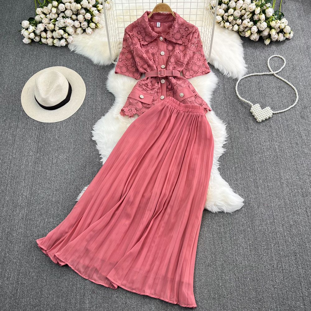 Pankh Kylie Crochet Lace Chiffon Blazer And Pleated Skirt Set With Belt