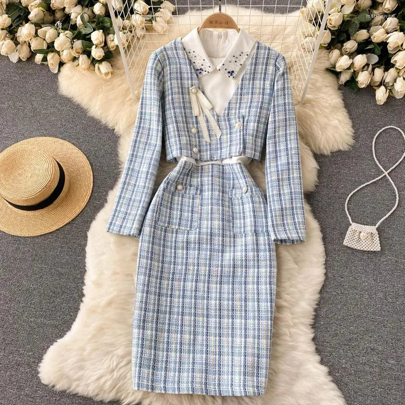 Maila Plaid Tweed Two-Piece Formal Dress with Blazer L / Blue Maila Plaid Tweed Two-Piece Formal Dress with Blazer L / Blue