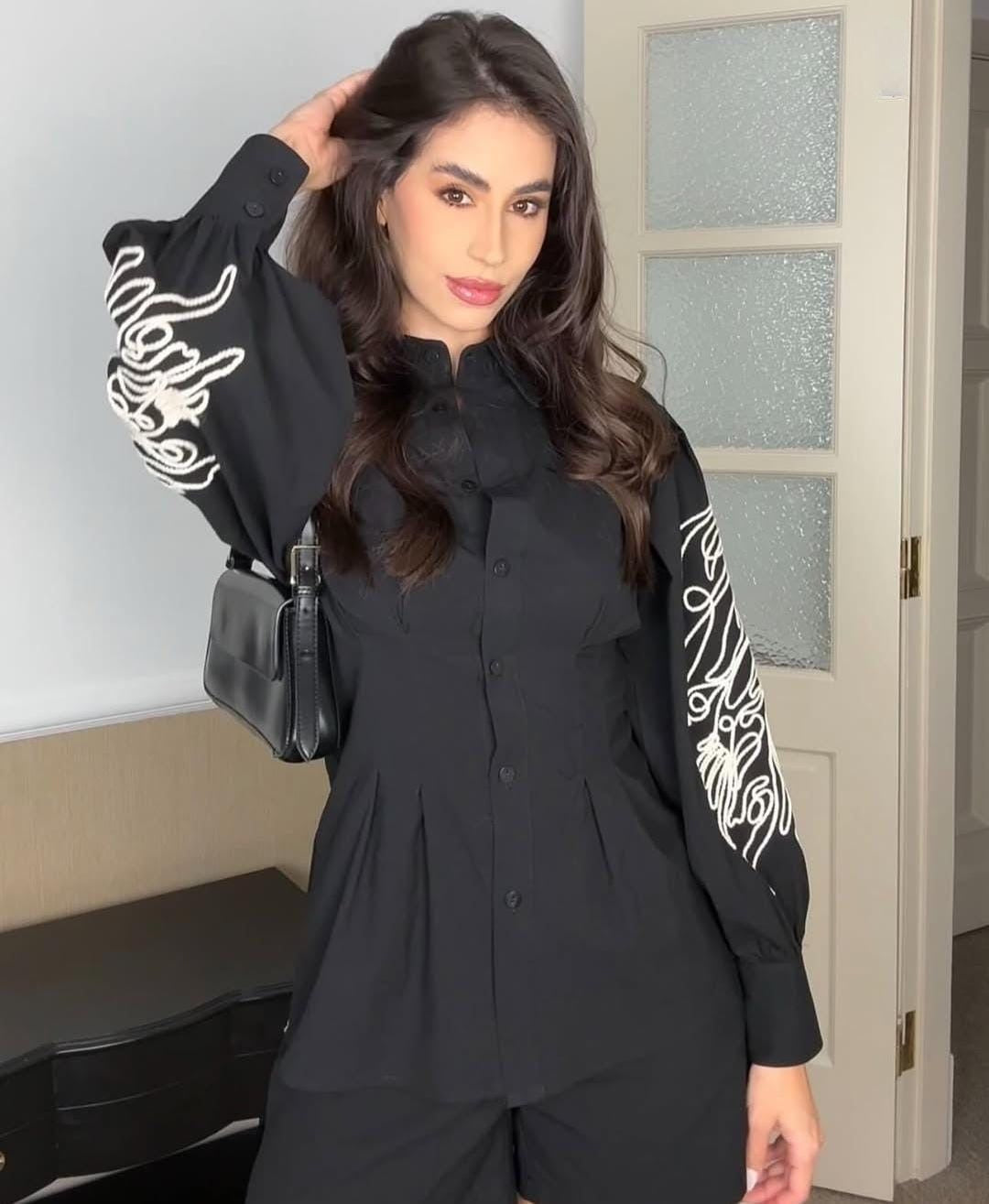 Pankh Mochiato Embroidered Sleeve Long Shirt And Short Set