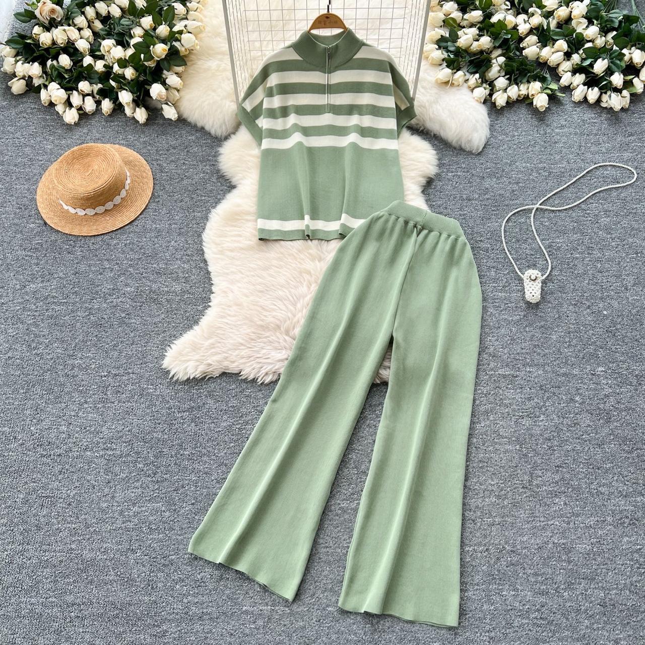 Pankh Anay Casual Stripe Knitted Loose Fit Top And Wide Leg Pants Set