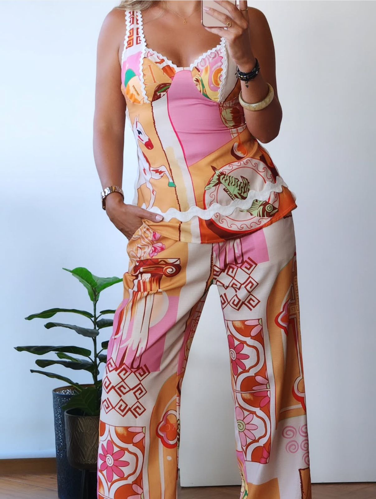 Pankh Manya Linen Blend Unique Printed Top And Wide Leg Pant Set