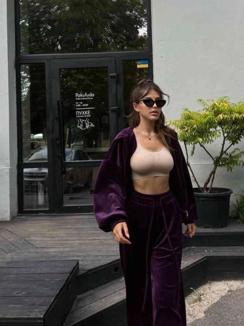 Pankh Aysel Velvet Zipper Hoodie And Wide Leg Pant Coord Set