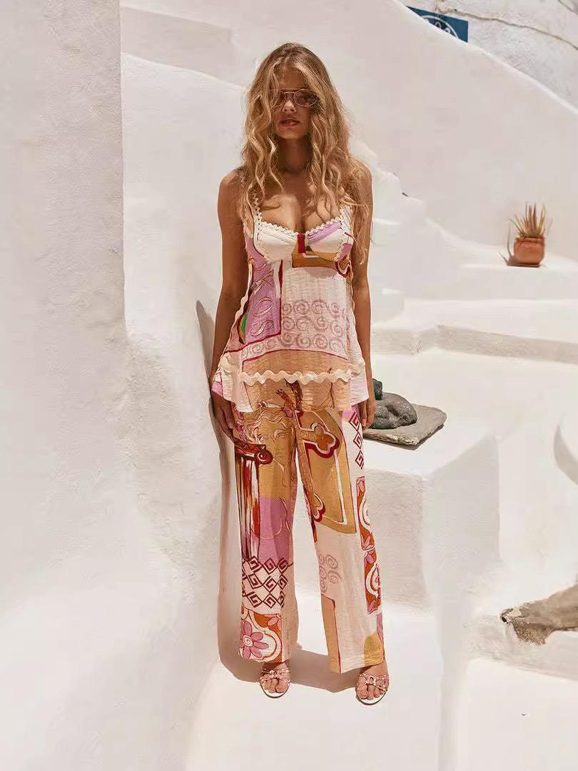 Pankh Manya Linen Blend Unique Printed Top And Wide Leg Pant Set