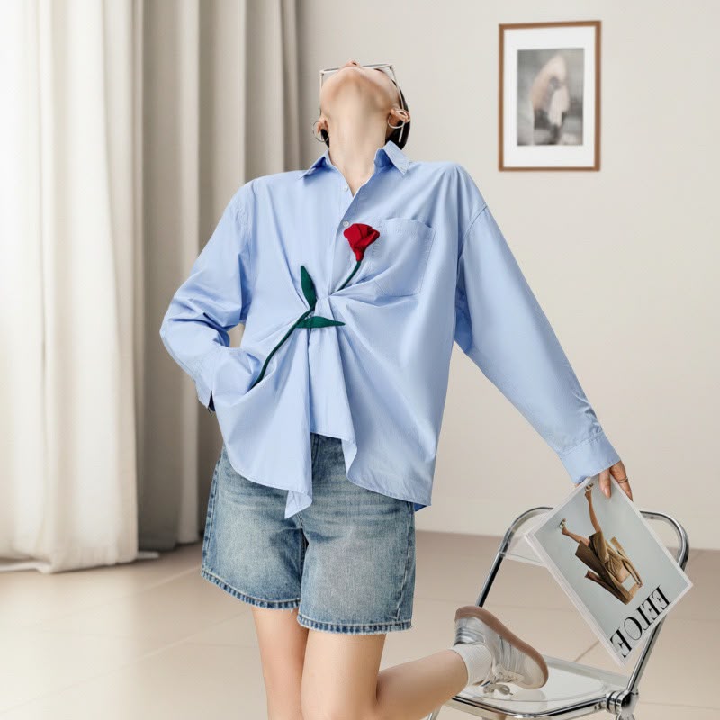 Pankh Berke Cotton Poplin Hand-Shaped Rose Twisted Knot Drape Oversized Shirt