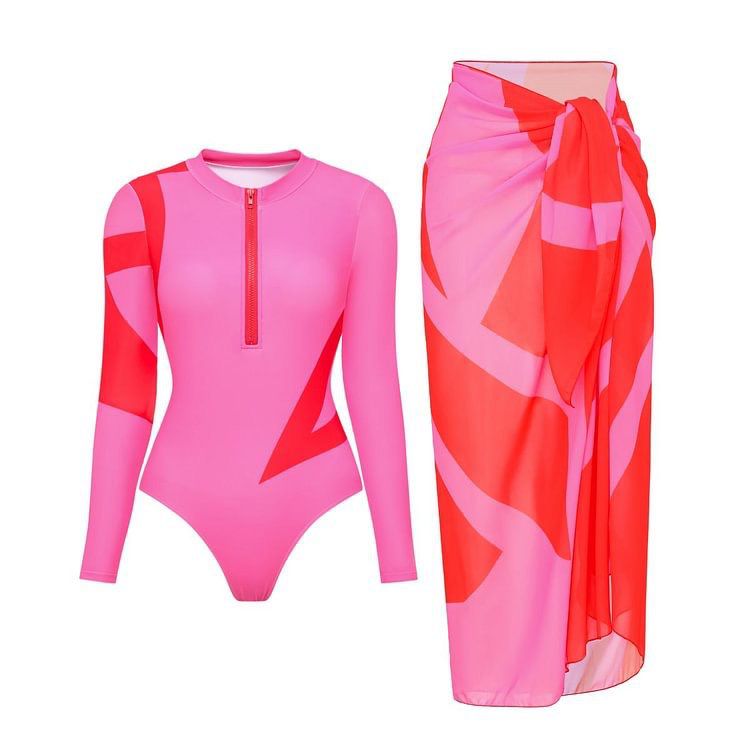 Pankh Abby Pink & Red Zip-Up Full sleeve Monokini Swimwear With Cover-Up