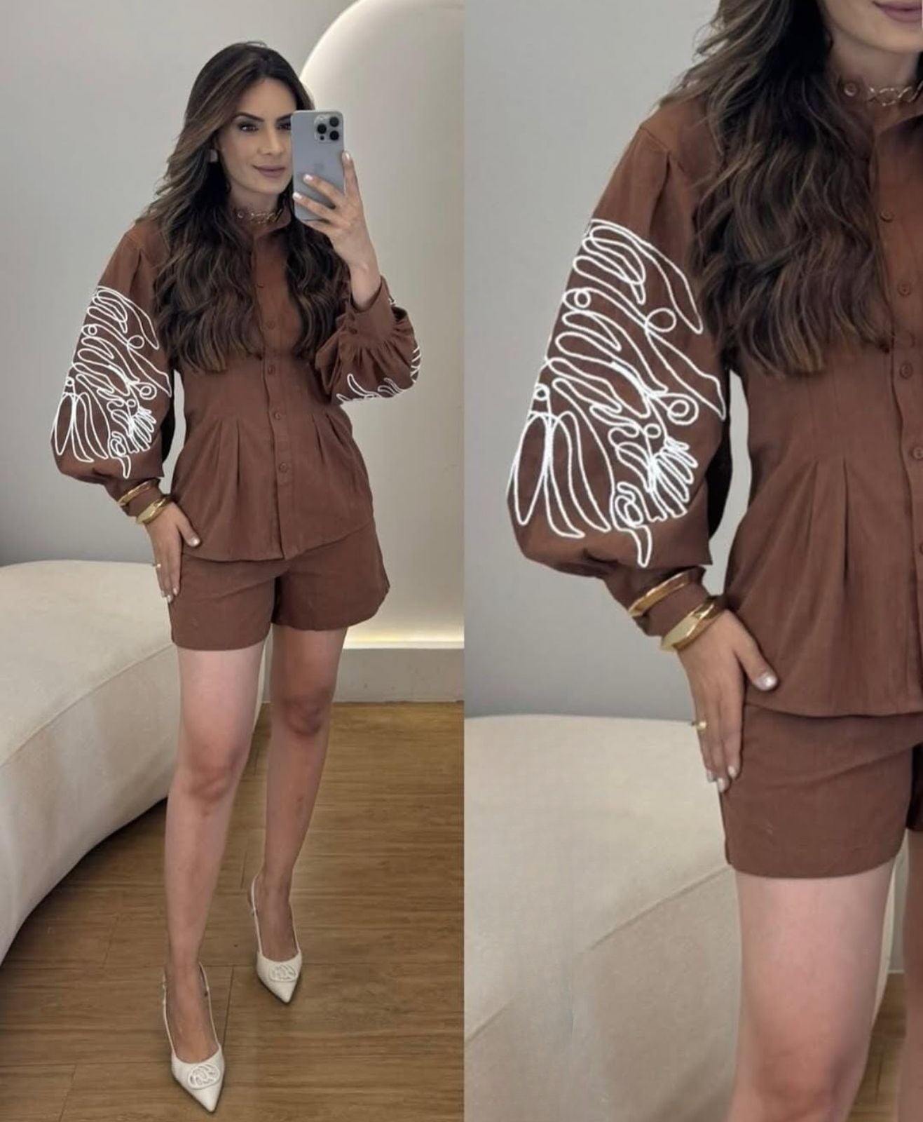 Pankh Mochiato Embroidered Sleeve Long Shirt And Short Set