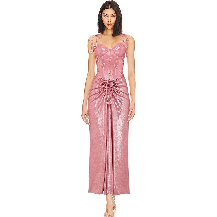 Pankh Shelby Shiny Butterfly Decoration Pink Monokini With Stylish Metalic Skirt