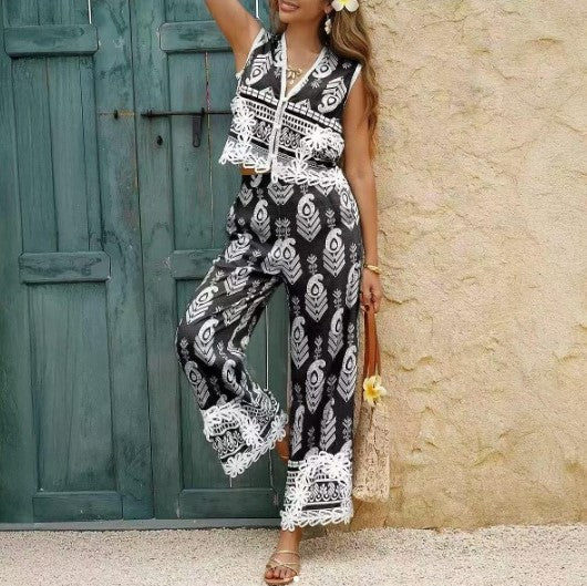 Pankh Robin Ethnic Print Sleeveless Vest Top And Pant Set