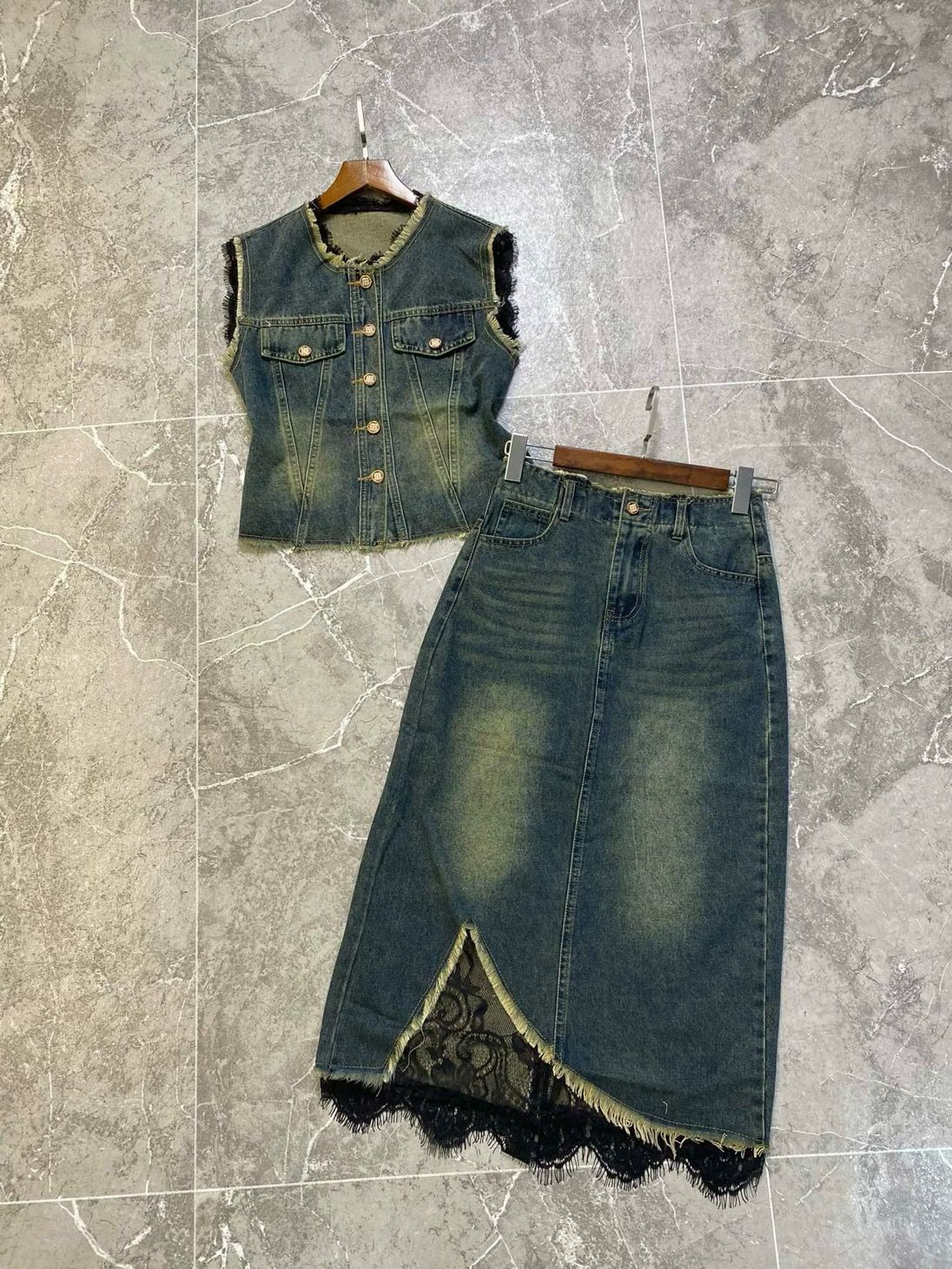 Pankh Semir Retro Denim and Lace Top And Long Skirt Set