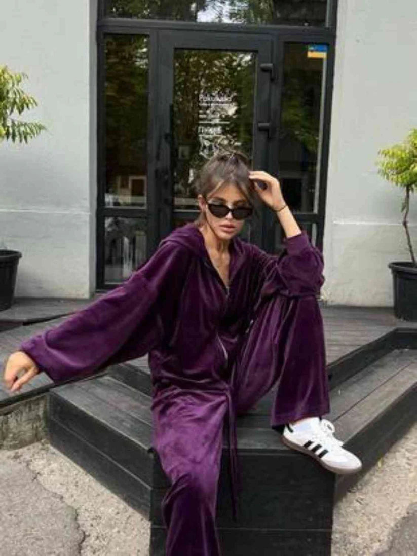 Pankh Aysel Velvet Zipper Hoodie And Wide Leg Pant Coord Set