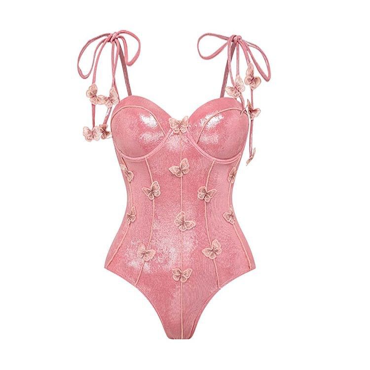 Pankh Shelby Shiny Butterfly Decoration Pink Monokini With Stylish Metalic Skirt