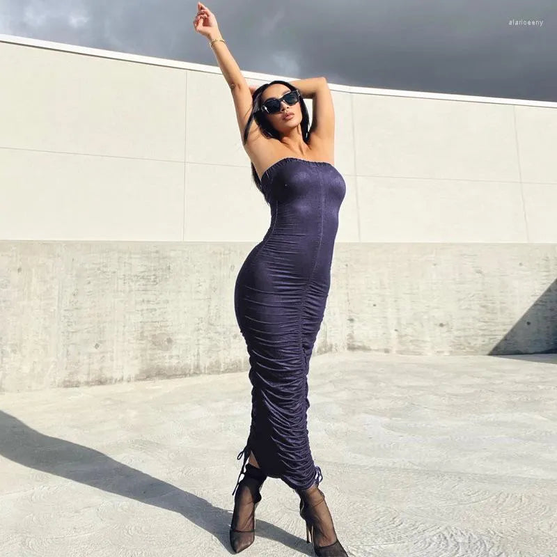 Pankh Barrik Sexy Ruched Tube Sheath Bodycon Summer Party Dress