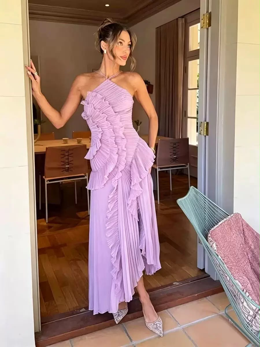 Pankh Veronika Elegant Pleated Sleeveless Ruffle Halter Neck High-Low Dress