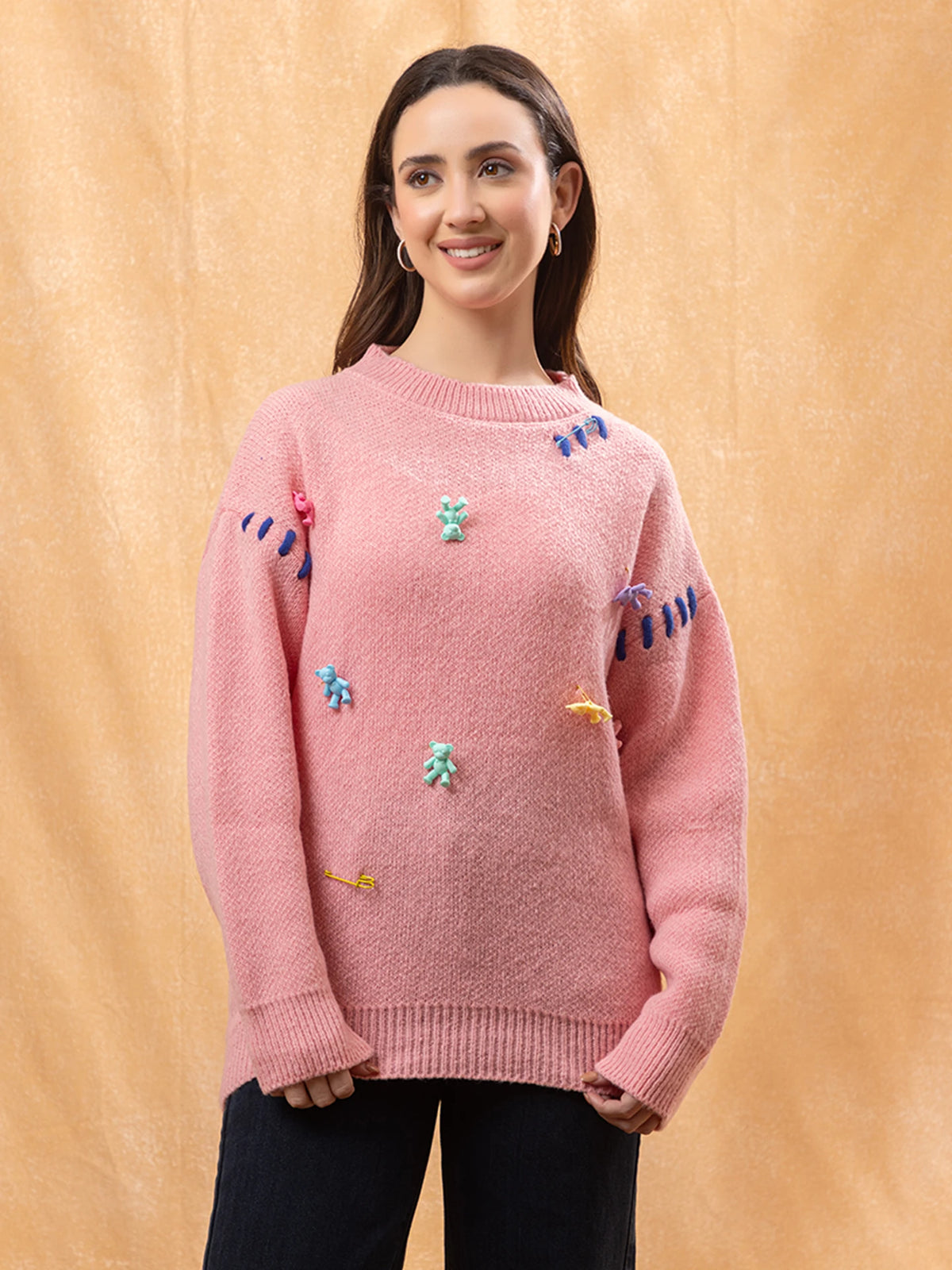 Pankh Hailee Trendy Vintage Bear Pullover Sweater Knitted Sweatershirt