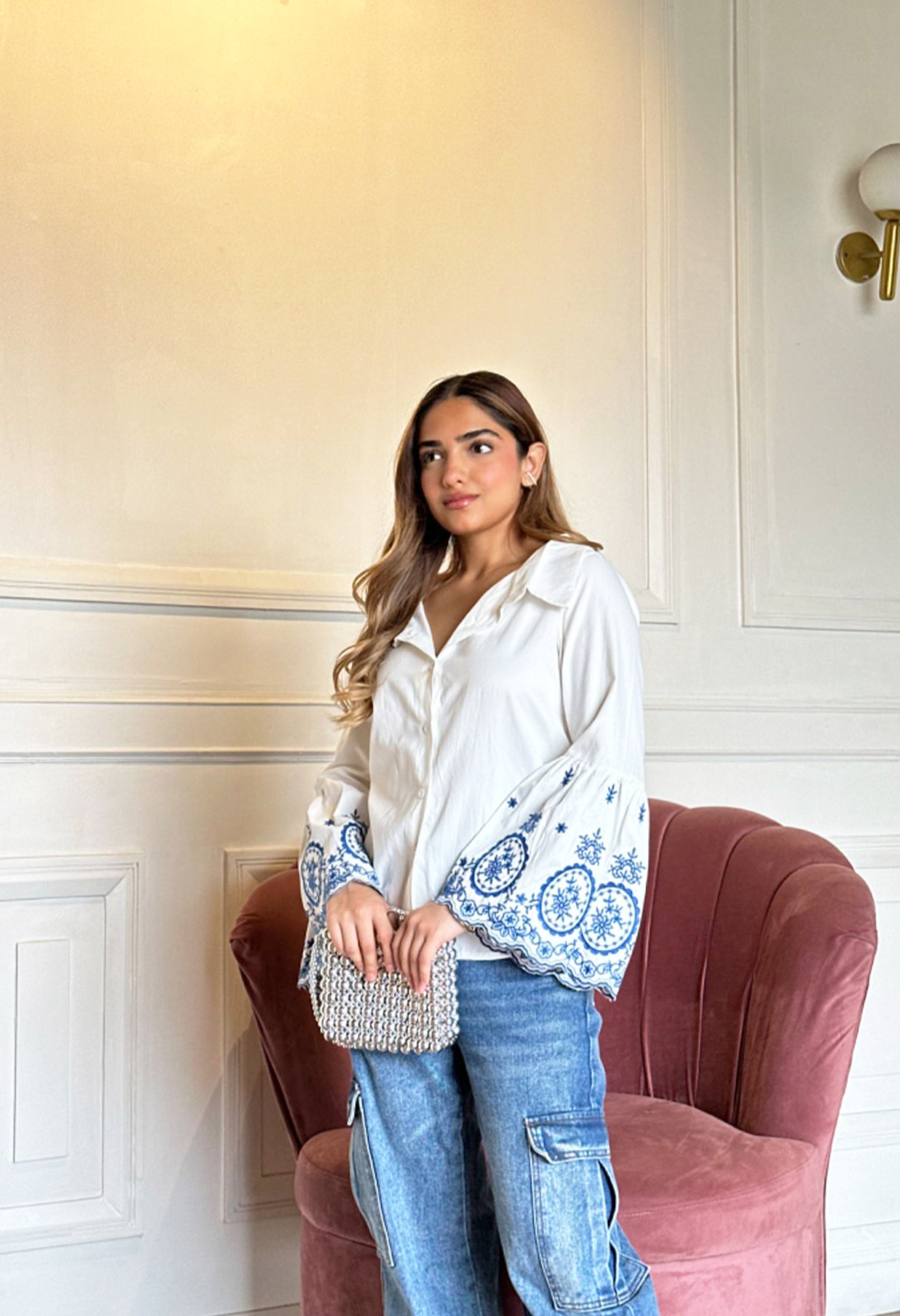 Pankh Monte Embroidered Cotton Off Shoulder Bell Sleeve Shirt