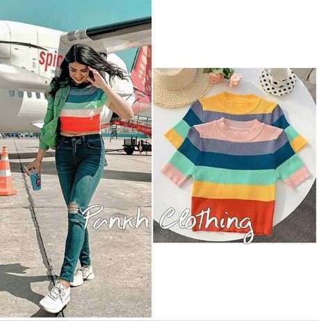 Rainbow Tshirt For Women Striped Crop Top