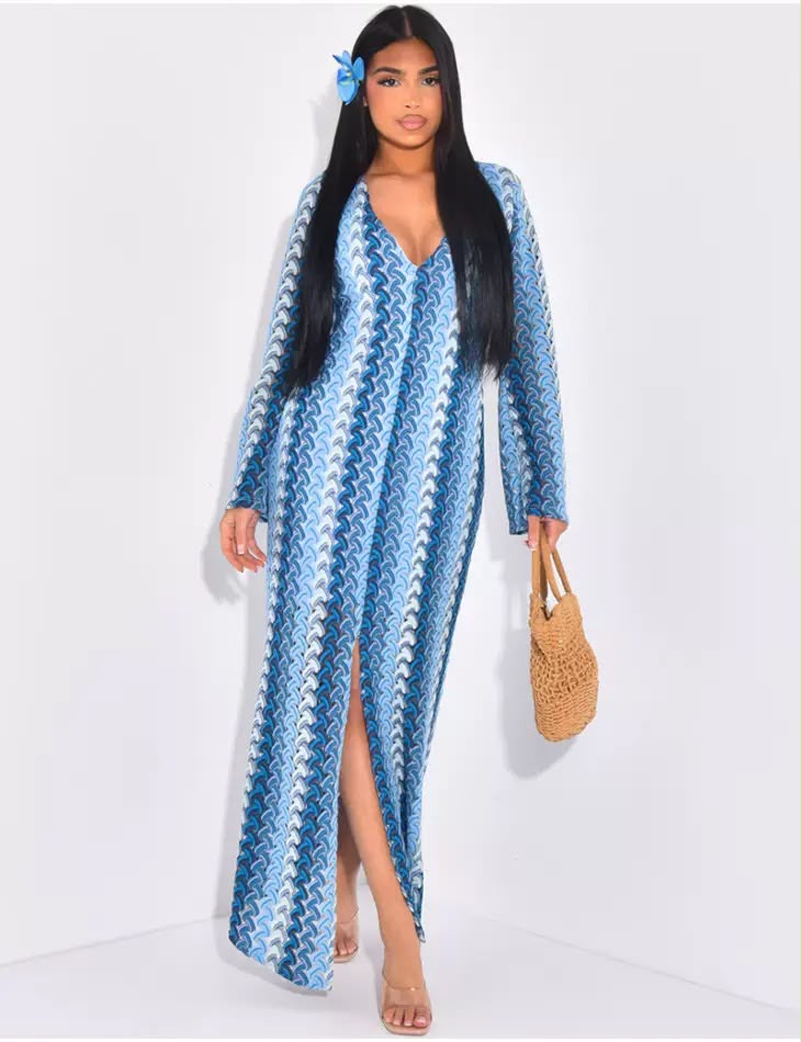 Pankh Primrose Crochet Colorful Long Sleeve V Neck Beach Wear Maxi Dress