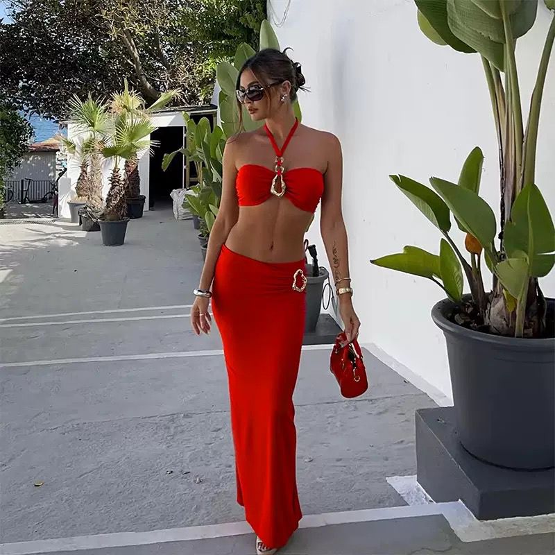 Pankh Akif Halter Neck Premium Quality 3 Piece Swimsuit With Stylish Buckle Skirt