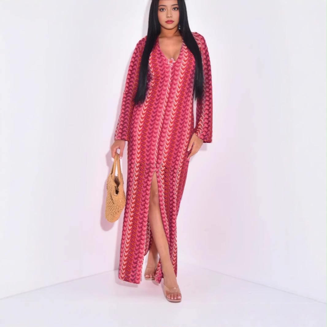 Pankh Primrose Crochet Colorful Long Sleeve V Neck Beach Wear Maxi Dress