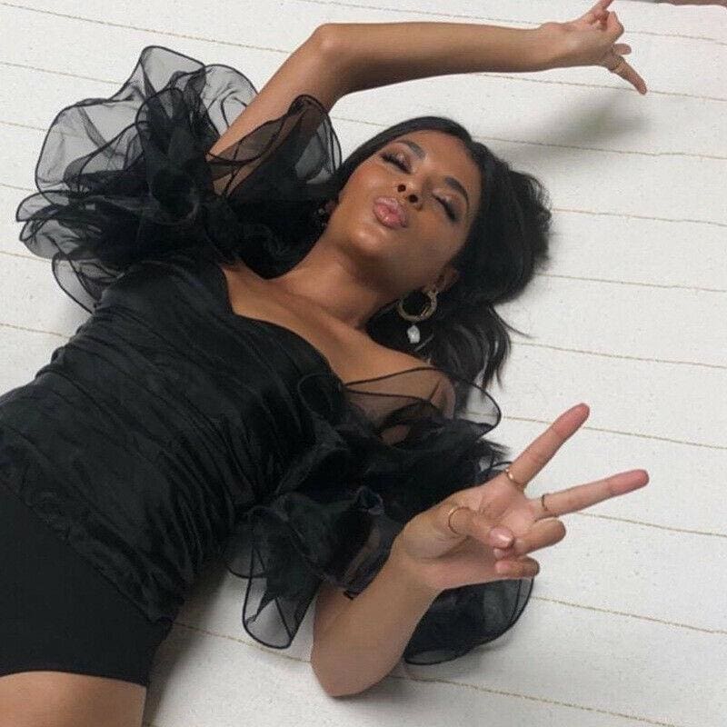 Pankh Claire Ruched Organza Ruffle Off Shoulder Bodysuit Top