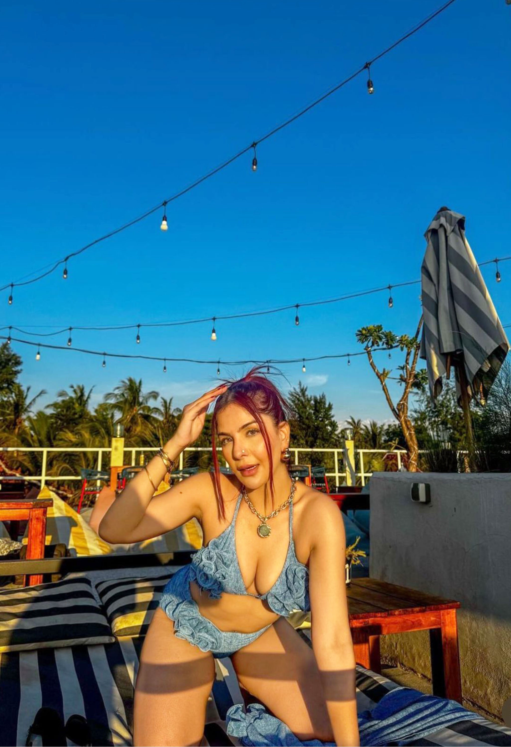 Pankh Sufi Denim Print 3D Rose Bikni Set With Skirt Coverup Set