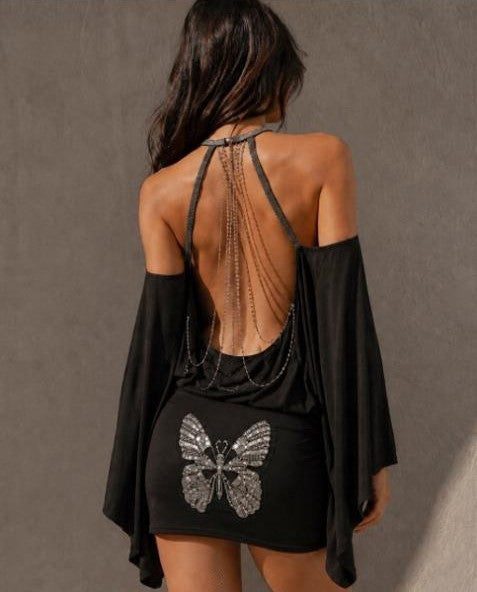 Pankh Melike Sequin Butterfly Backless Mini Bodycon Party Dress