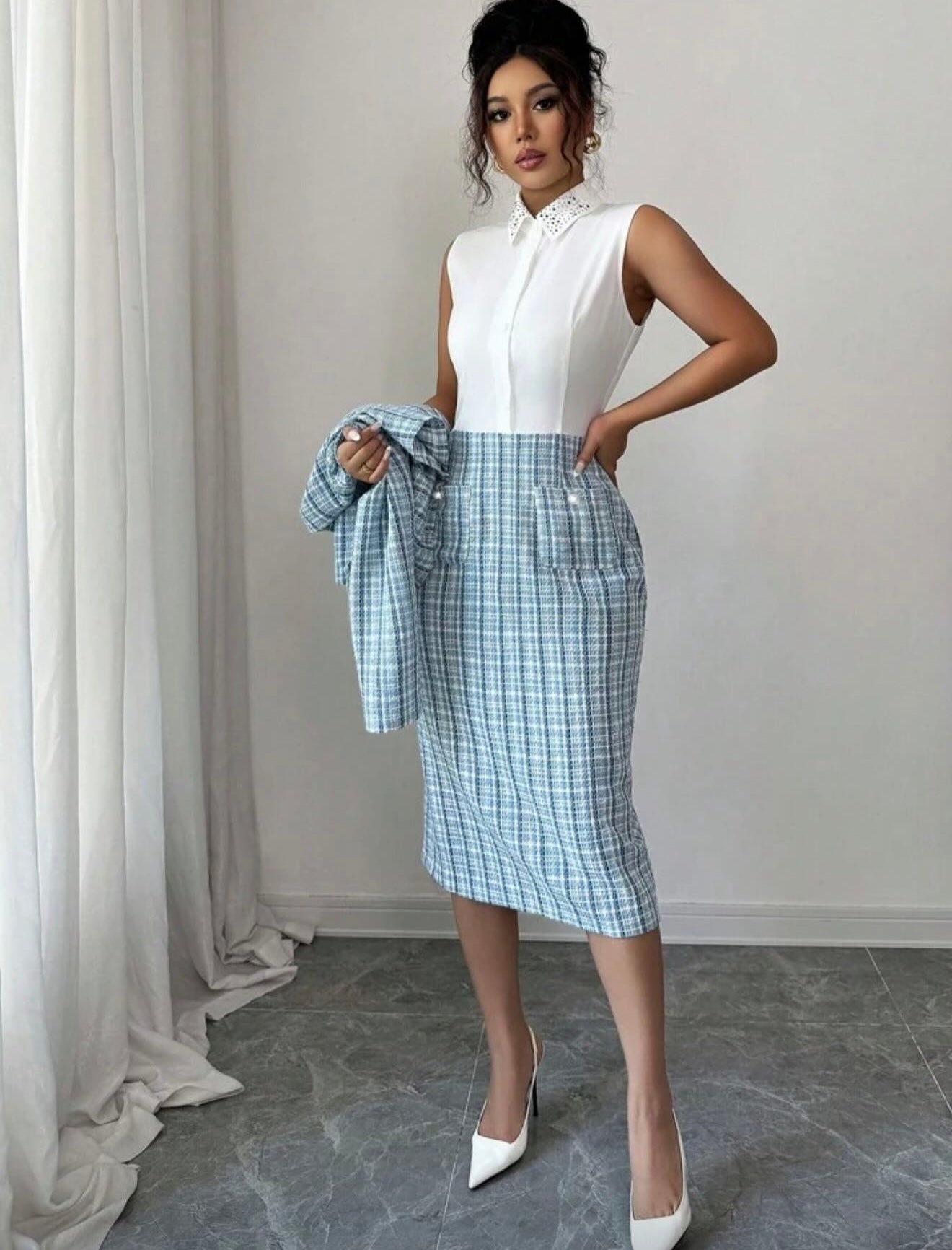 Maila Plaid Tweed Two-Piece Formal Dress with Blazer