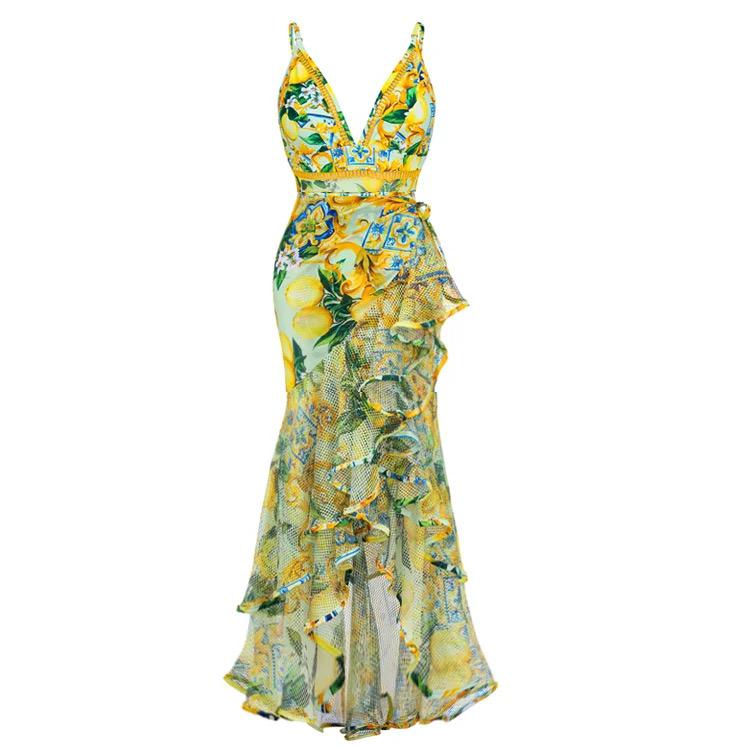 Pankh Louie Lemon High Fashion Padded Monokini Swimsuit With Ruffled Skirt