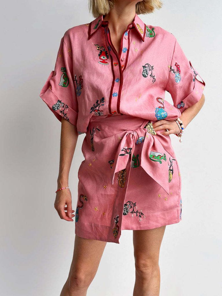 Pankh Lia Casual Printed Collar Shirt And Short Set With Belt