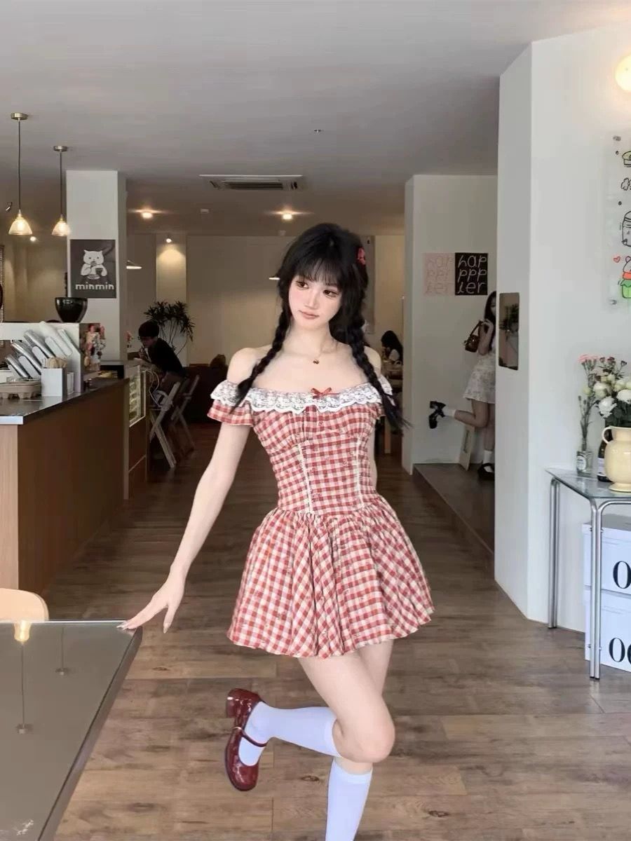 Pankh Lexi Red Baby Lace Plaid Short Dress