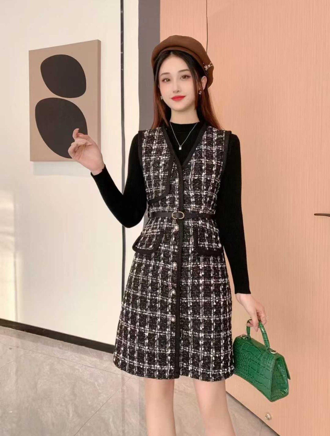 Pankh Xixi Tweed Formal Autumn Winter Dress with Black Knit Top