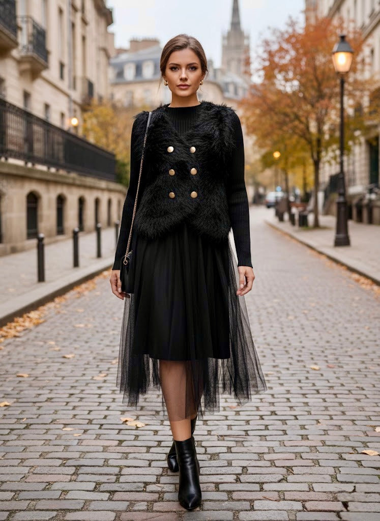 Pankh Salvy Woolen Ruffle Dress with Fur Waist Coat