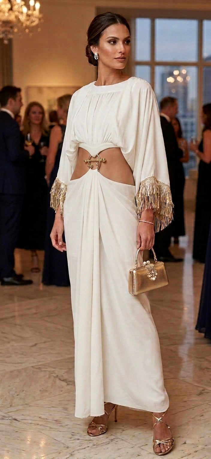 Mezhaar Custom Made Drape Evening Wear Maxi Dress with Embellished Tassel Work