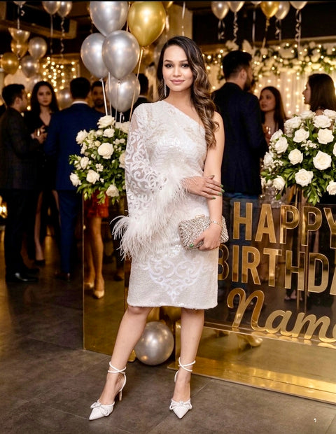 Pankh Custom Made Alisha One Off-shoulder Fur & Sequin Dress