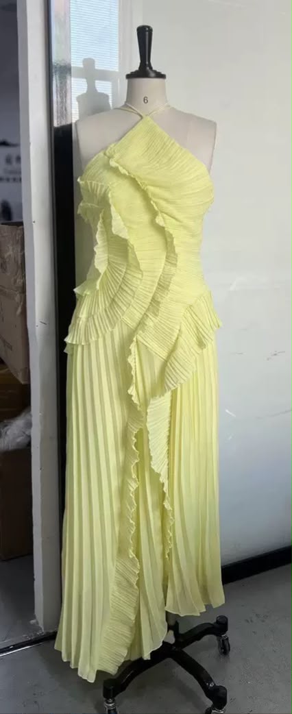 Pankh Veronika Elegant Pleated Sleeveless Ruffle Halter Neck High-Low Dress
