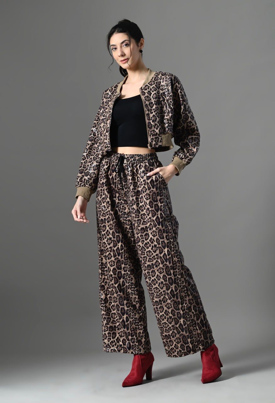 Pankh Leo Leopard Leather Look Cropped Jacket and Jogger Pants Set