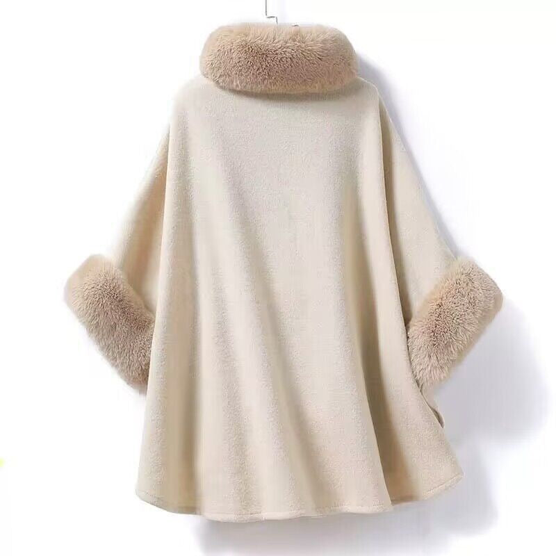 LOSSY WOOLEN CAPE COAT WITH FUR COLLAR AND SLEEVE