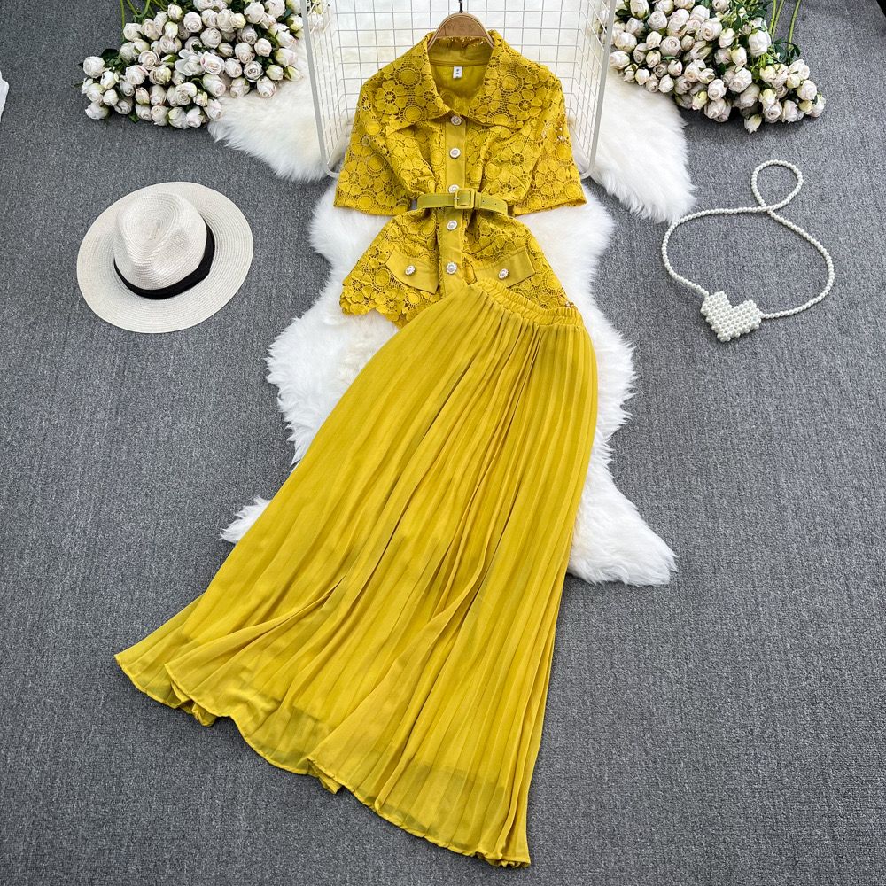 Pankh Kylie Crochet Lace Chiffon Blazer And Pleated Skirt Set With Belt