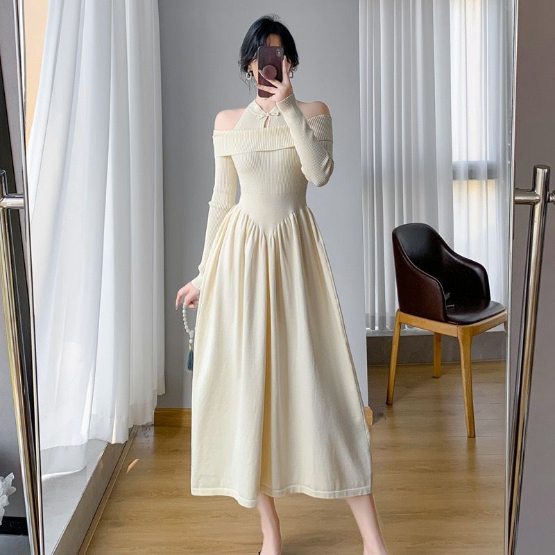 Pankh Rossey Off-Shoulder Wollen Long Dress