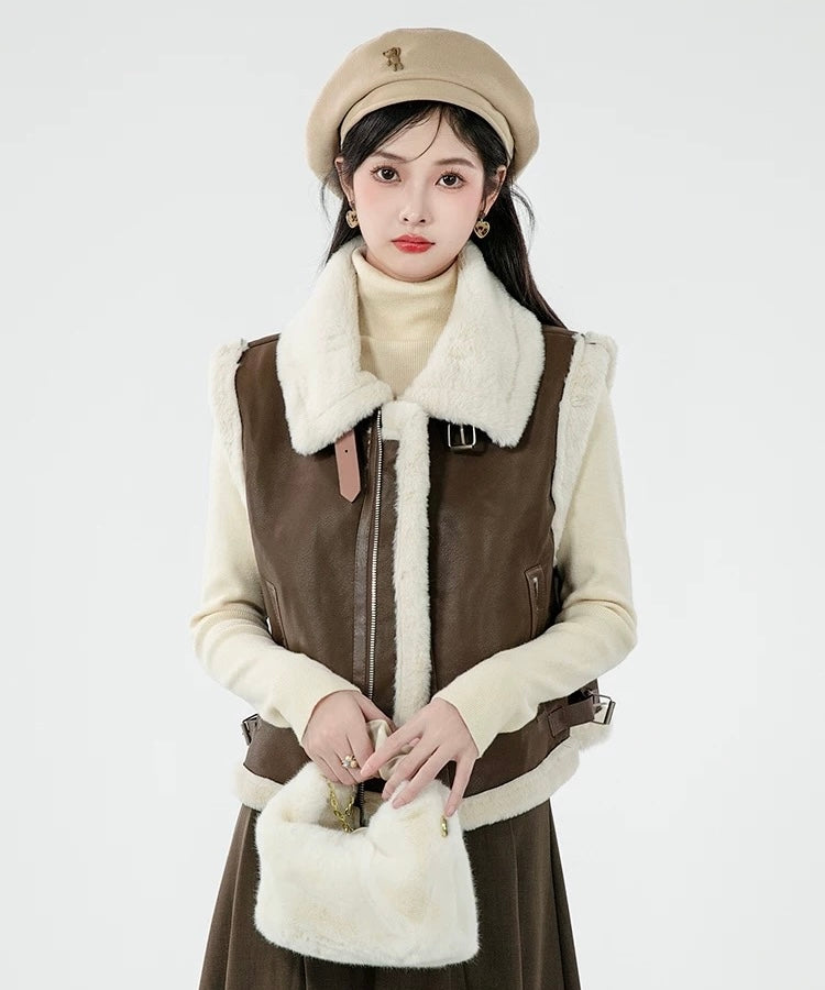 Pankh Kren Leather And Teddy Fur Sleeveless Jacket